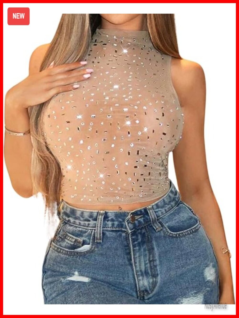 Mock Neck Sparkle Rhinestone Mesh Crop Tank Sleeveless Glitter Sheer Vest Top
